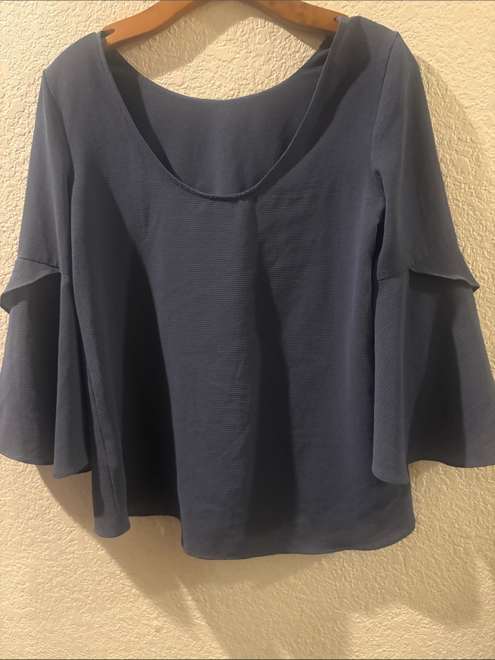 Dusty Blue Scoop Neck Blouse with Tiered Bell Sleeves